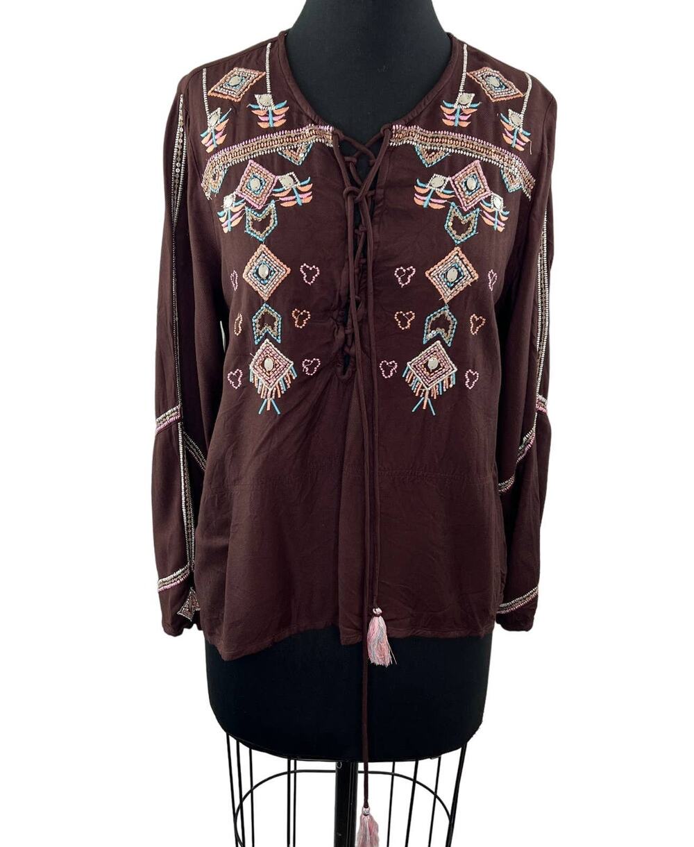 SAVAGE CULTURE Brown Embroidered Beaded Boho Lace Up Tunic Top Western M
